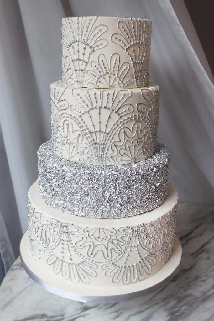 Art Deco Piped Silver Wedding Cake
