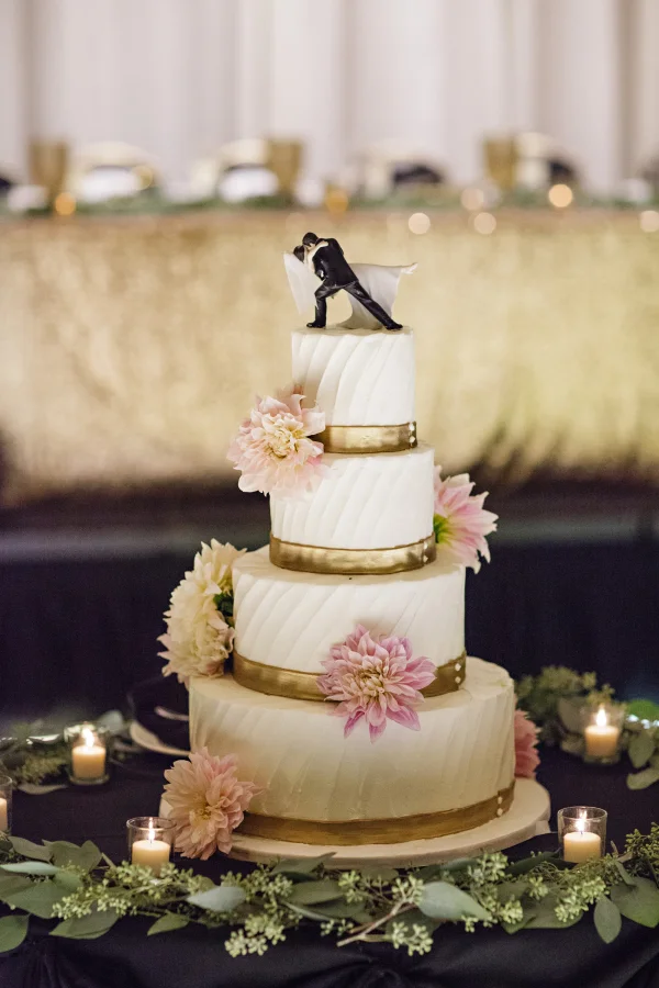 Gold Bands & Blush Dahlias Wedding Cake