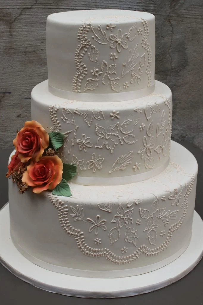 Lace & Orange Roses Wedding Cake