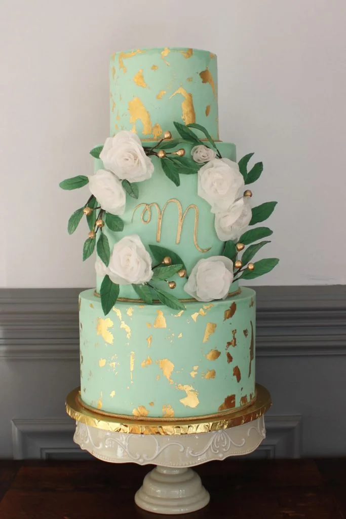 Mint & Gold Flower Border Wedding Cake