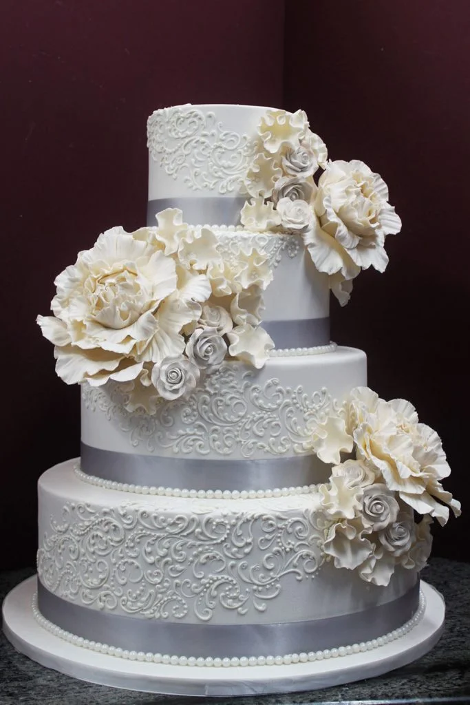 Ivory with Piped Scroll Wedding Cake