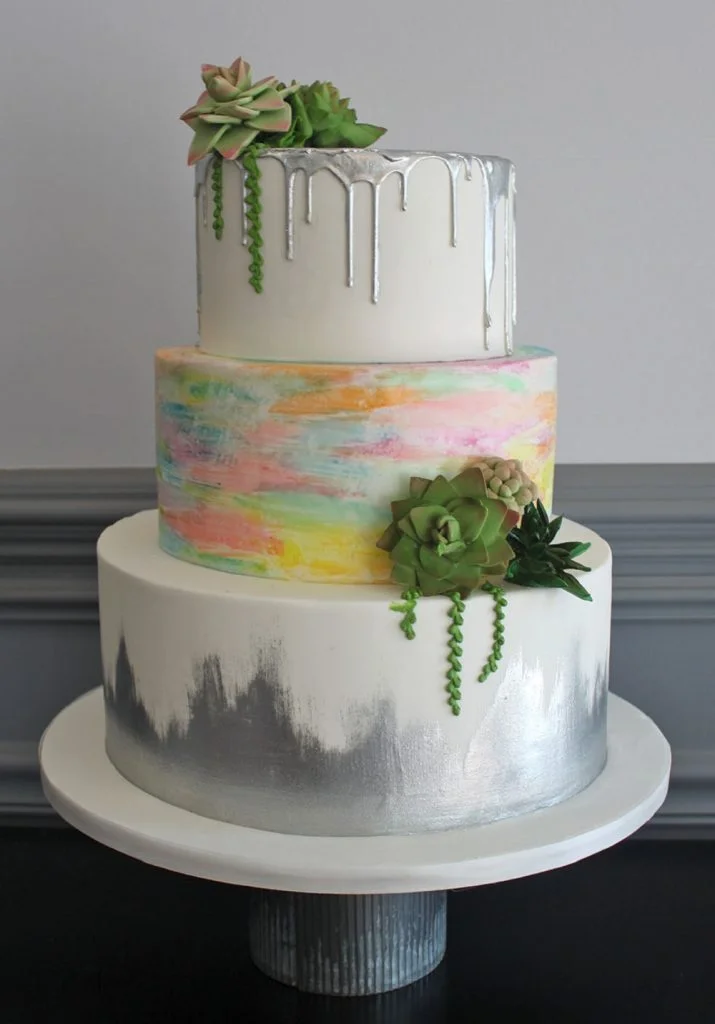 Watercolor Succulent Wedding Cake