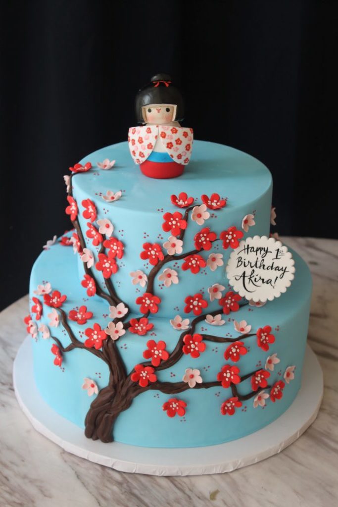 Red and Blue Cherry Blossom Tree Cake