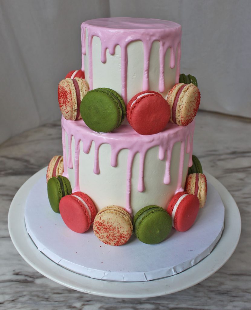 Pink Drip & Macaron Cake