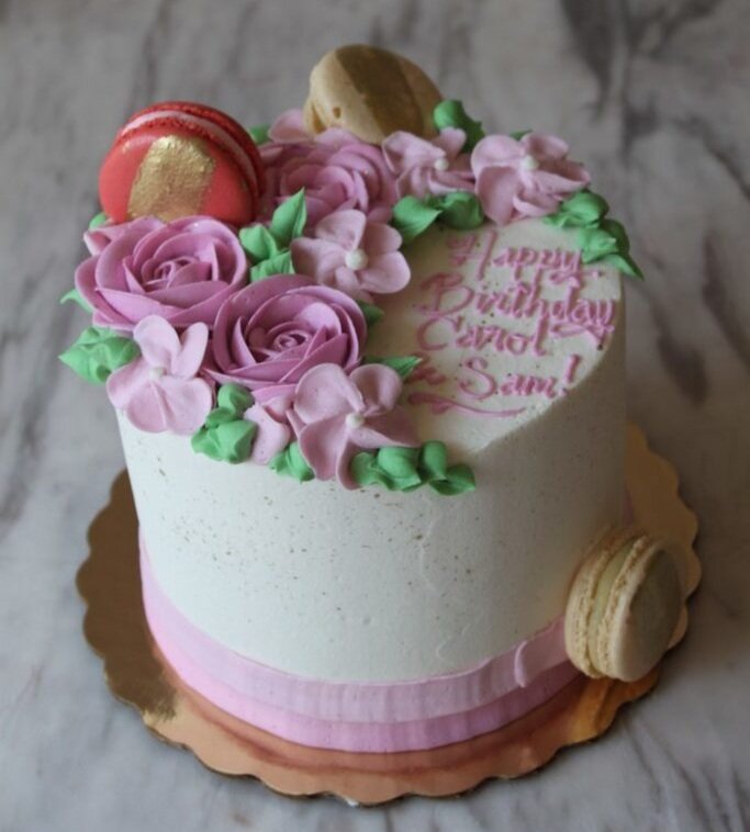 Pink Buttercream Floral Macaron Cake