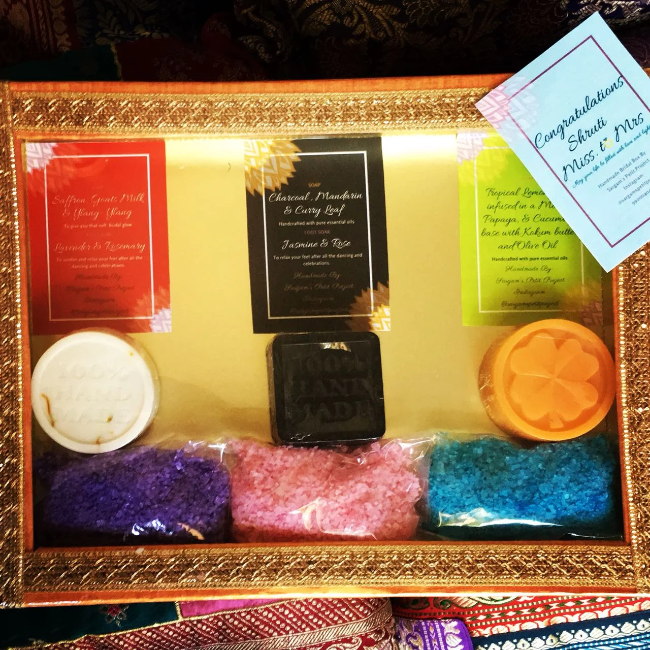 Bridal Gift Box - 3 Soaps & 3 Foot Soaks This Custom Bridal Gift Box has 3 soaps and 3 foot soaks: A saffron and goats milk soap for a bridal glow, a lavender & rosemary foot soak to help relax tired feet, a charcoal and mandarin soap to kee…