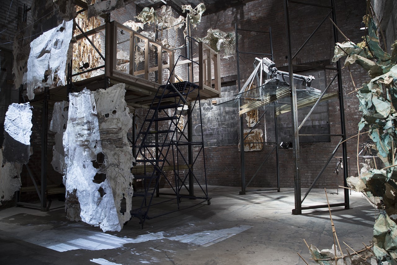 Yasue Maetake built a 'second floor' in the middle of the gallery that felt like a treehouse, surrounded by work made of recycled, boiled, then beaten abaca bark.