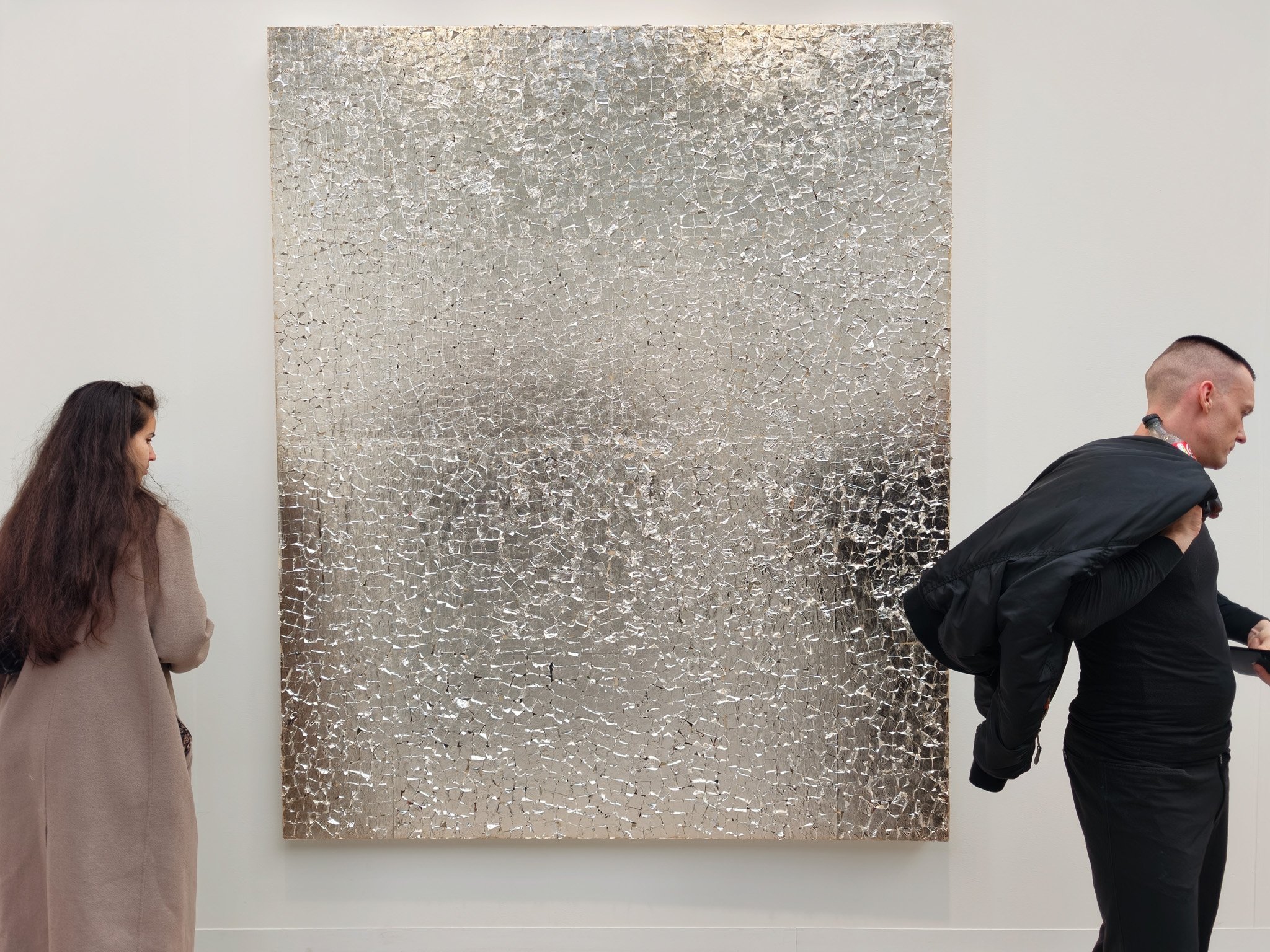 Rirkrit Tiravanija, untitled 2026 (new york times 23 january, 2025), 2026 at Kurimanzutto. Silver leaf on newspaper on handcrafted paper, 225 × 184 × 9.5 cm. Image: Dan Latif.