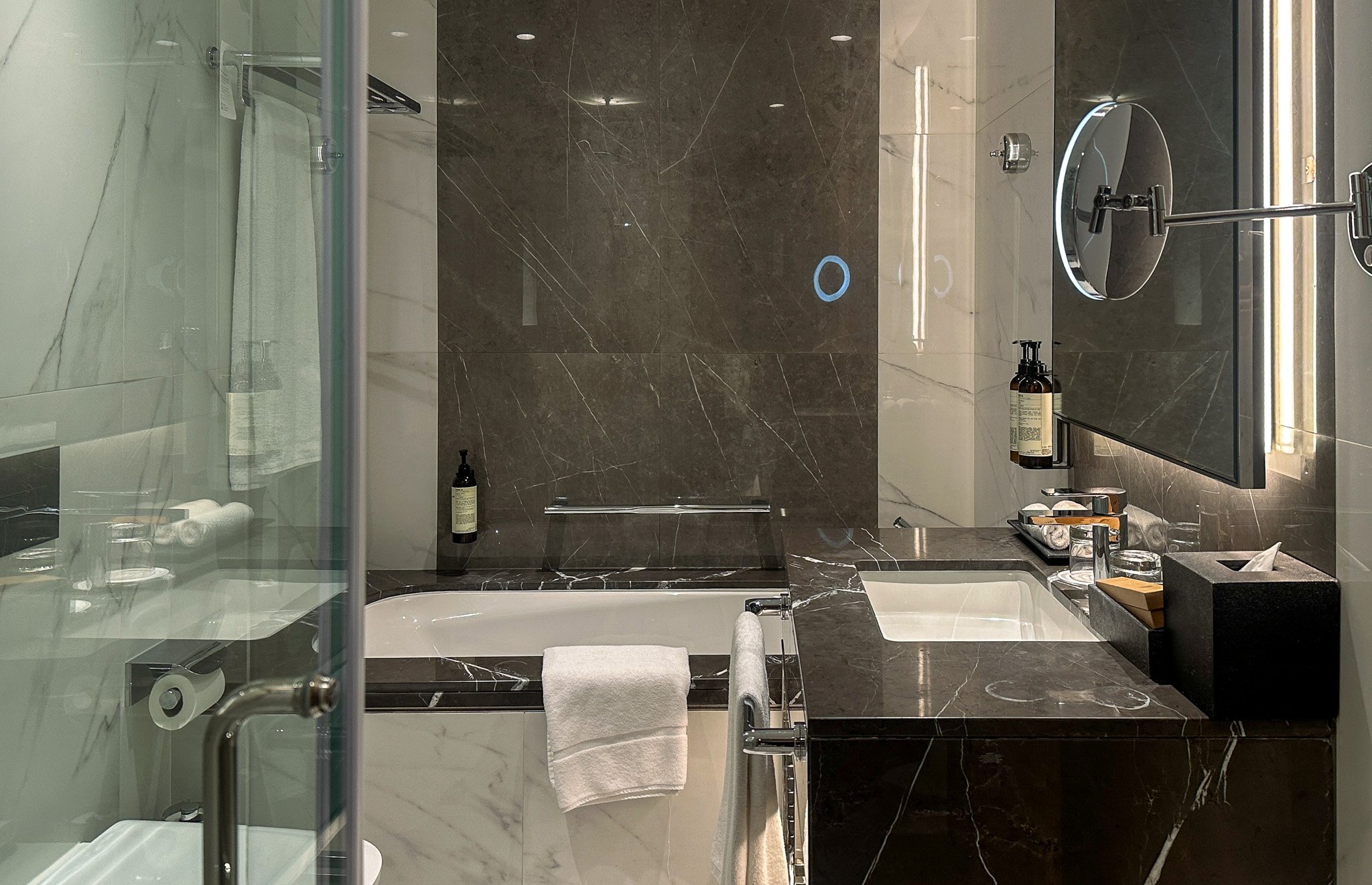 Bathroom in the Two Bedroom Suite at the Fairmont Dubai. Image: Ben Schmidt.