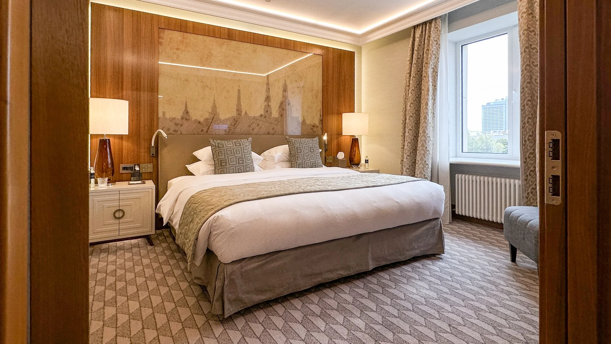 Grand Hotel Kempinski Riga Junior Suite with Park View bedroom. Image: Ben Schmidt.