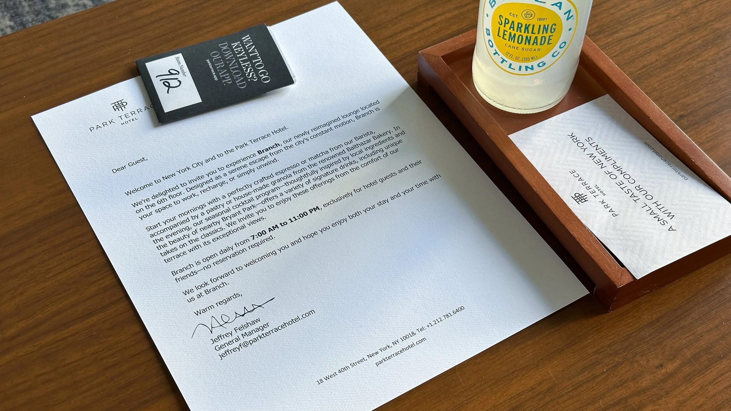 Park Terrace Hotel Welcome Letter. Image: Ben Schmidt.