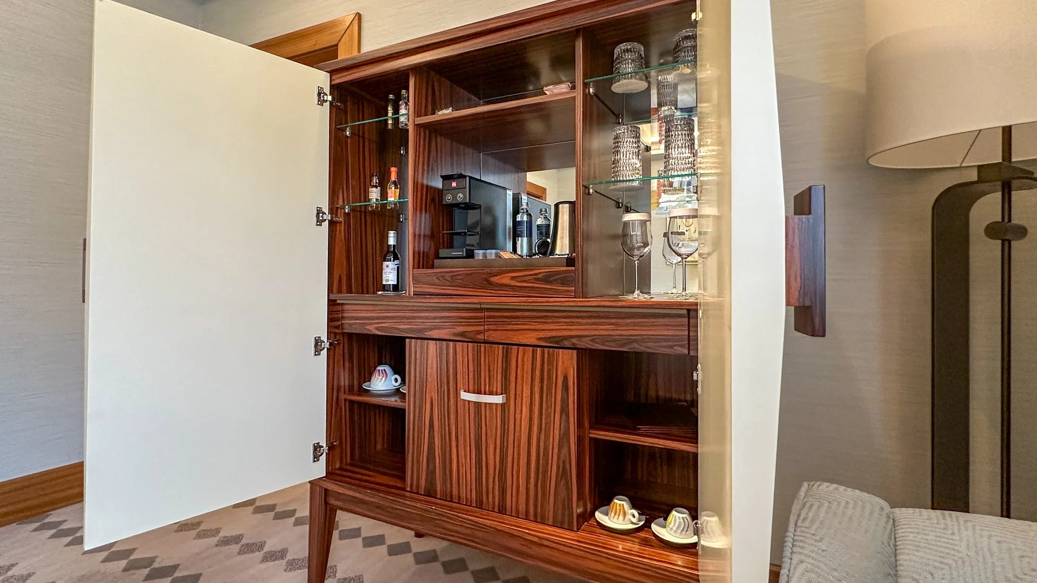 Grand Hotel Kempinski Riga Junior Suite with Park View Minibar. Image: Ben Schmidt.