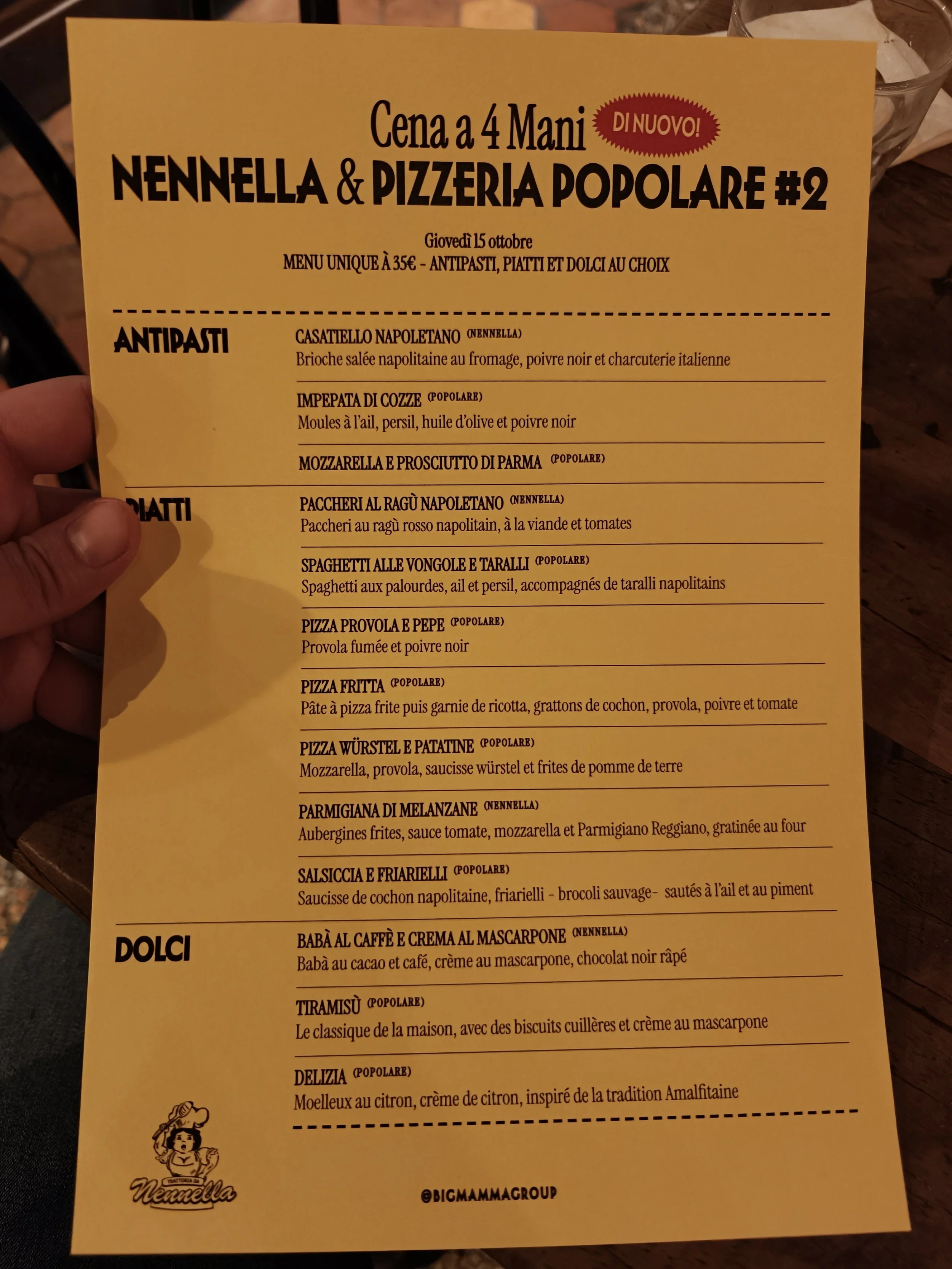 The Cena a 4 Mani (four-hands dinner) menu at Pizzeria Popolare. Image: Dan Latif.