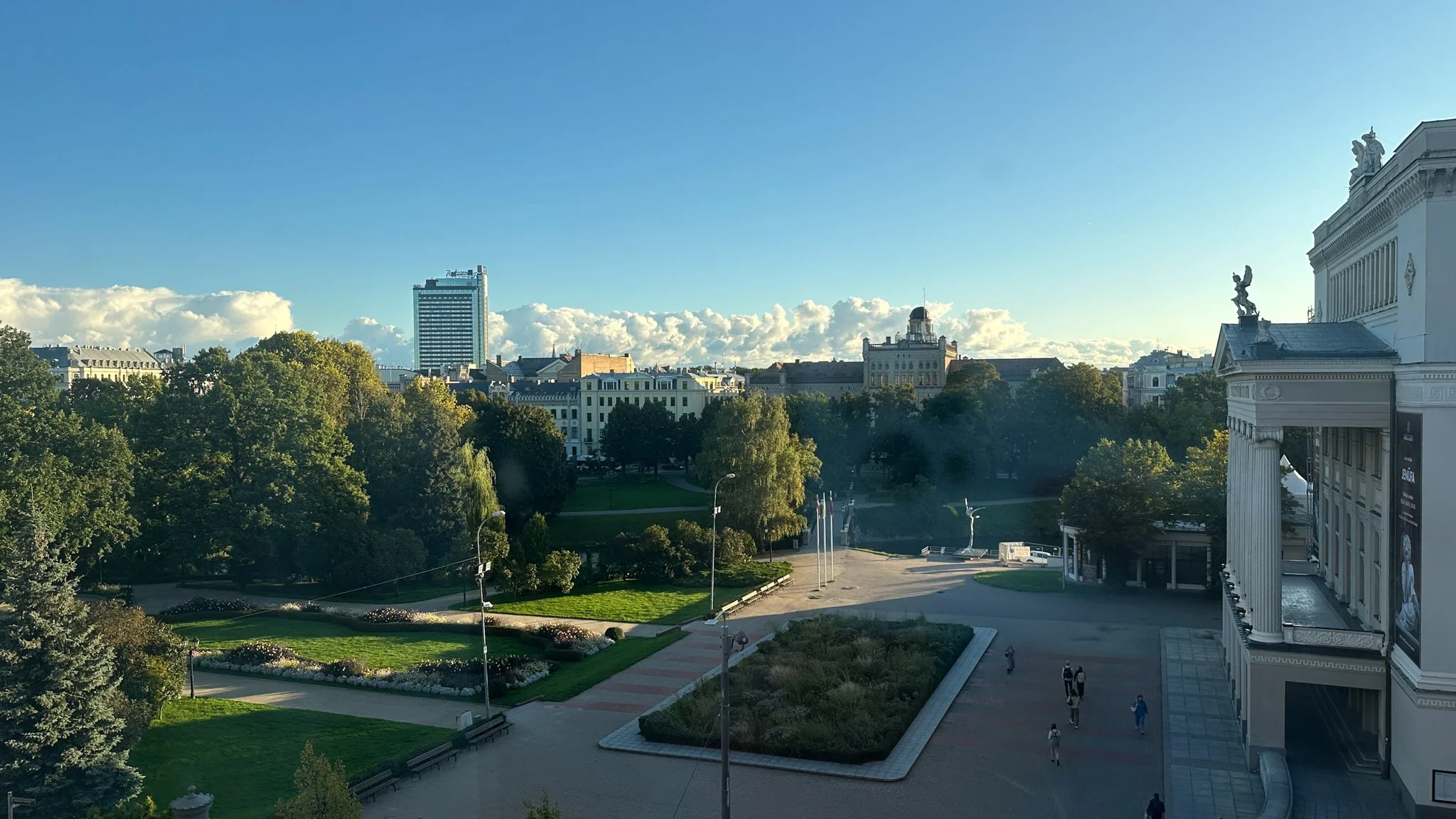 Bastejkalna Park and the Latvia National Opera House at daybreak from the Grand Hotel Kempinski Riga. Image: Ben Schmidt.