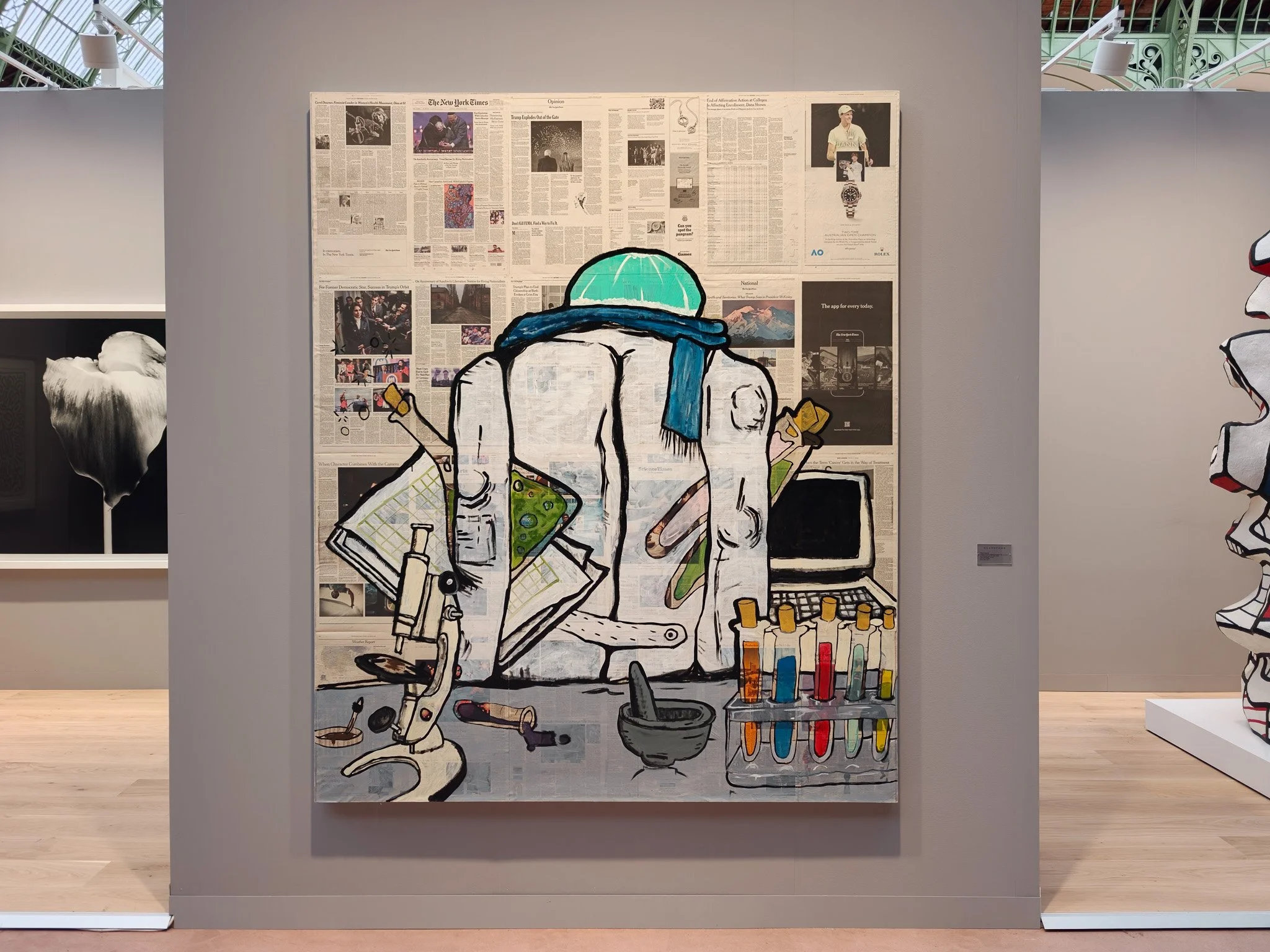 Rirkrit Tiravanija, untitled 2025 (the intellects take leave, fig. five) (new york times, january 28, 2025), 2025 at Gladstone. Oil on newspaper on linen, 222 × 183 × 6 cm. Image: Dan Latif.