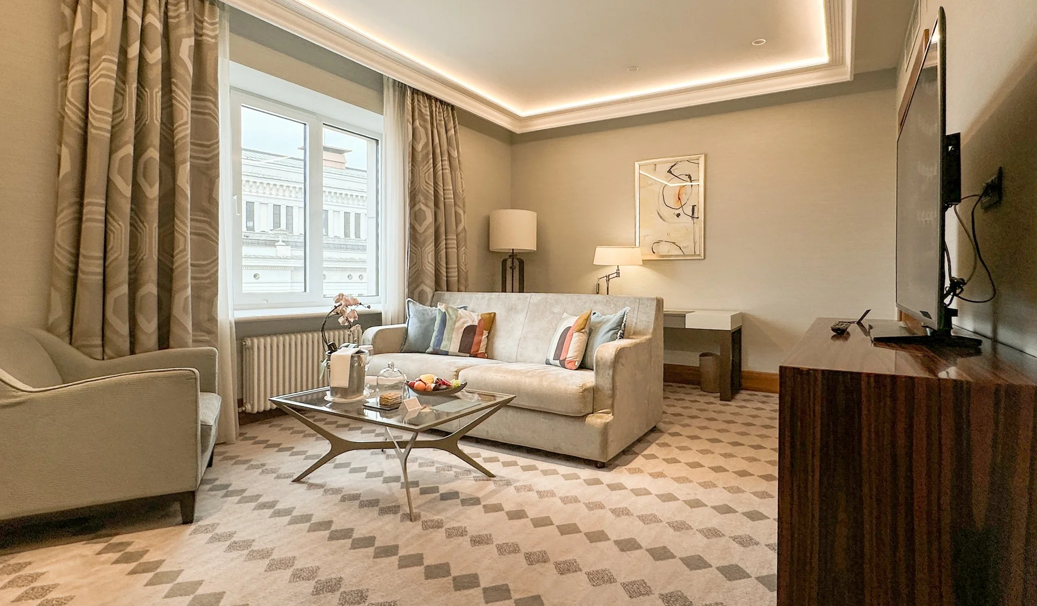 Grand Hotel Kempinski Riga Junior Suite with Park View sitting room. Image: Ben Schmidt.