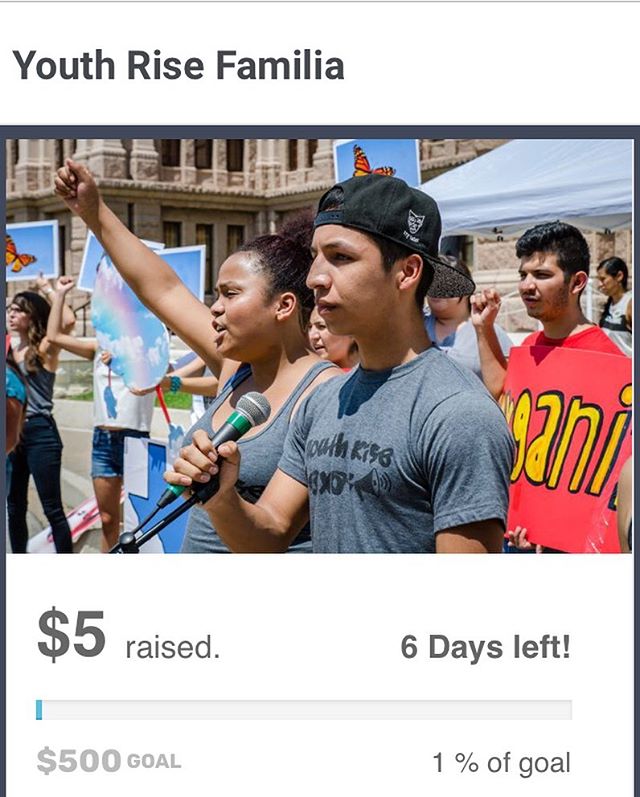 Fundraiser; link in bio! This is Valeria Gonzalez from Texas, USA:
I work with a non-profit organization called Youth Rise Texas that works with teens whose parents, caregivers, or loved ones have been impacted by the incarceration or deportation system. We provide educational services in schools and during the summer to teach teens about the structure and impact of criminalization systems, as well as teach them healthy coping mechanisms so that they can heal from the trauma caused by the systems and become leaders in their communities.
We are currently fundraising to start a voter registration campaign to help youth register to vote for the 2020 elections.
My personal goal in supporting Youth Rise's fundraiser is to raise a total of $500! Will you join in helping me reach that goal? A gift of any size ($5 even!) helps us make these plans a reality
