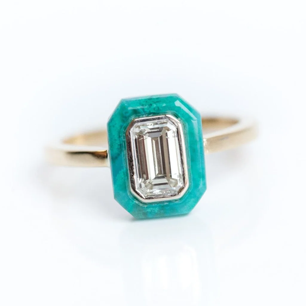 Emerald Cut Diamond & Green Gemstone Halo Ring