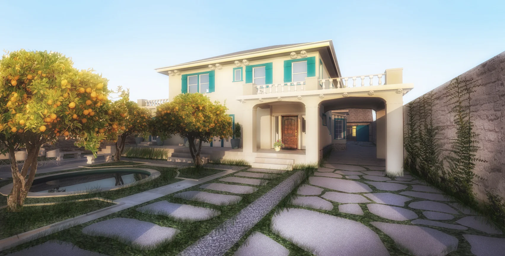 EXTERIOR LANDSCAPING, HOUSE ENTRY - RENDERING