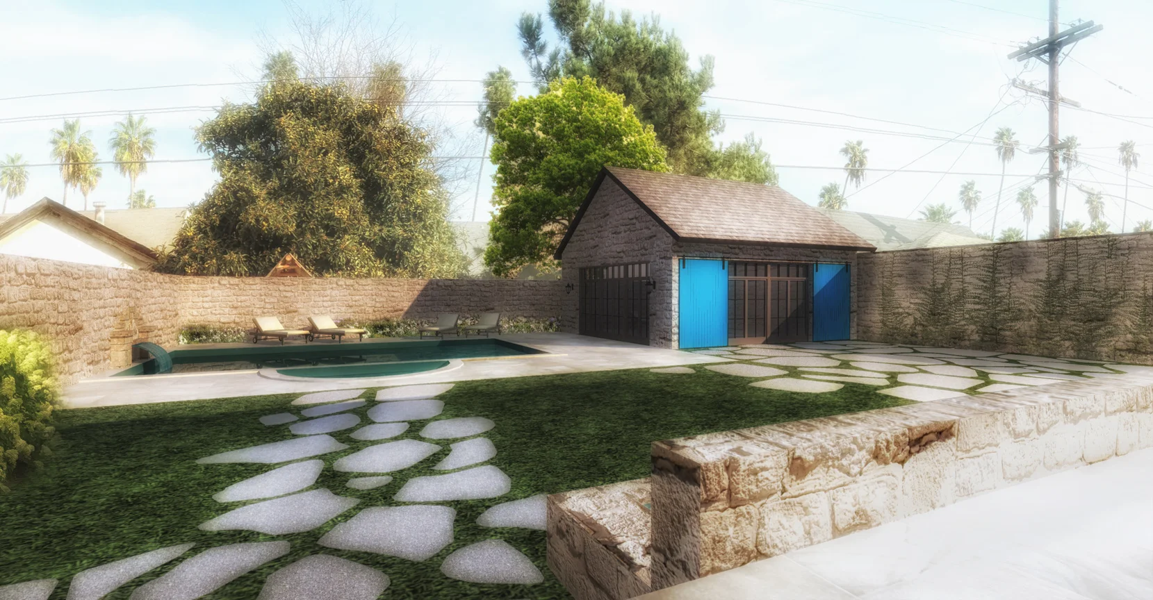 EXTERIOR LANDSCAPING, NEW POOL AND POOL HOUSE - RENDERING