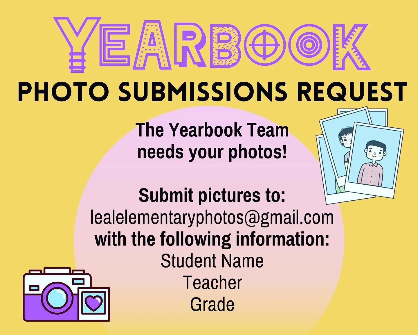 Happy Friday! We need photos of your kiddos participating in any school activities/events. Please email to: lealelementaryphotos@gmail.com.
Thank you to those that have already sent in pictures. 📸😃