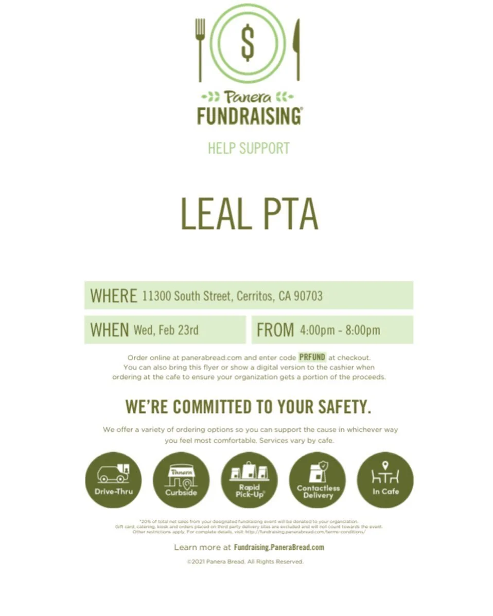 PTA is having a fundraiser today at Panera in Cerritos from 4:00 - 8:00 pm. Dine-in or Take-out. Hope to see you there! 😀