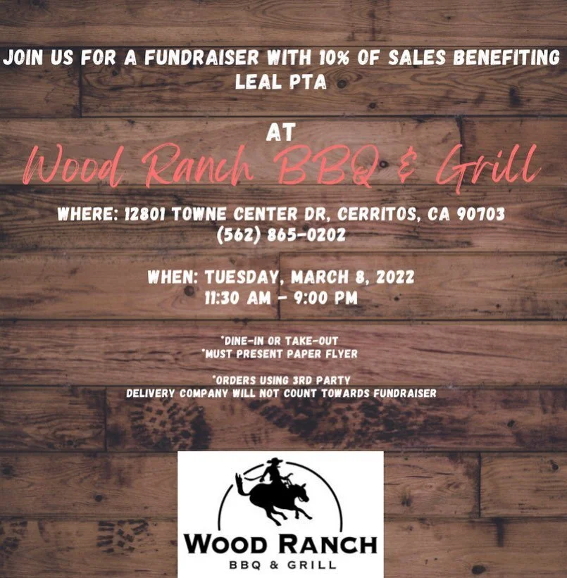 Please join us tomorrow, March 8th, for a PTA fundraiser at the delicious Wood Ranch BBQ &amp; Grill. 
🤗Please show a physical copy of this flyer so your purchase can count towards the fundraising donation.