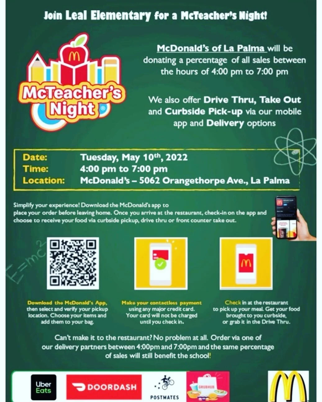 Please join us at McDonald&rsquo;s in La Palma on Tuesday, May 10th from 4-7 pm. Leal teachers will not be there handing out meals this year, but it will still be a FUNtastic event! 😊 Hope to see you there.