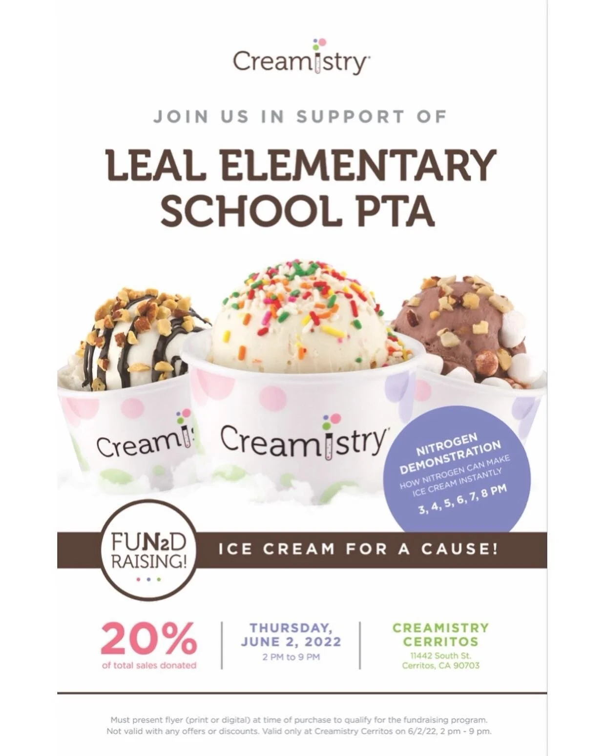 It&rsquo;s science week and we have a special treat! Join us tomorrow, June 2nd, at Creamistry in Cerritos for a FUN2Draising event. There will be a special Nitrogen demonstration on the hour from 3-8 pm. Don&rsquo;t forget to present this flyer (pri