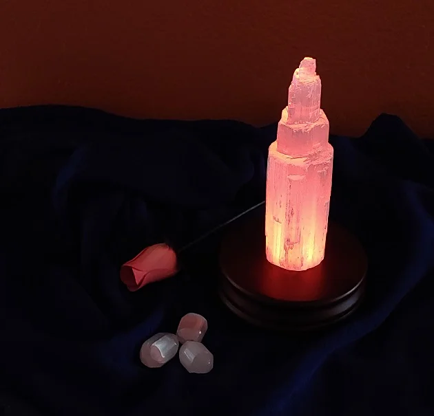 Selenite Tower on Red LB and scarf.jpg