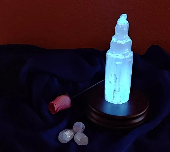 Selenite Tower on Blue LB and scarf.jpg