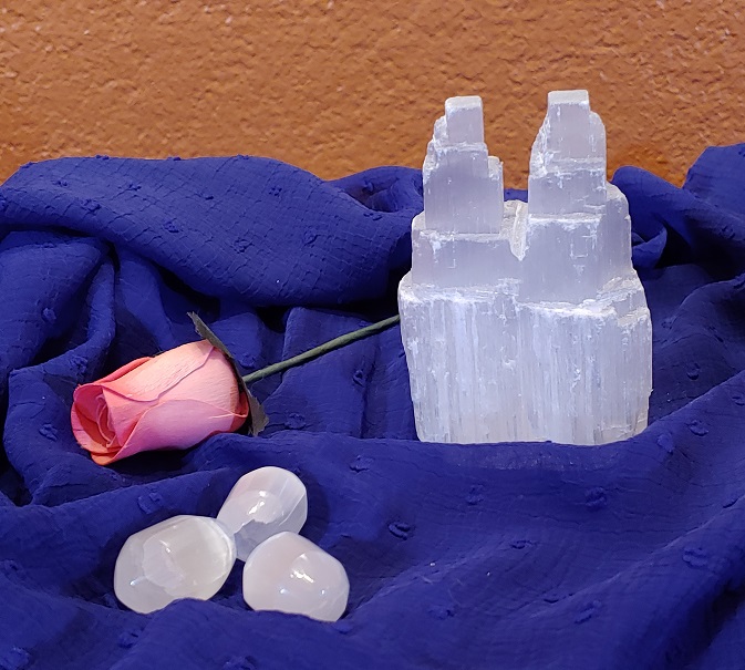 Selenite Mini Twin Tower on scarf.jpg