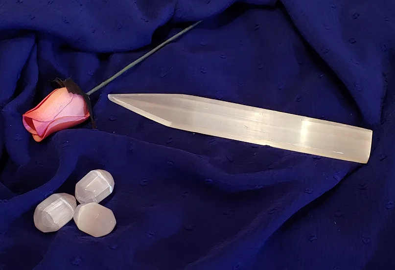 Selenite Flat Clearing Wand on scarf.jpg