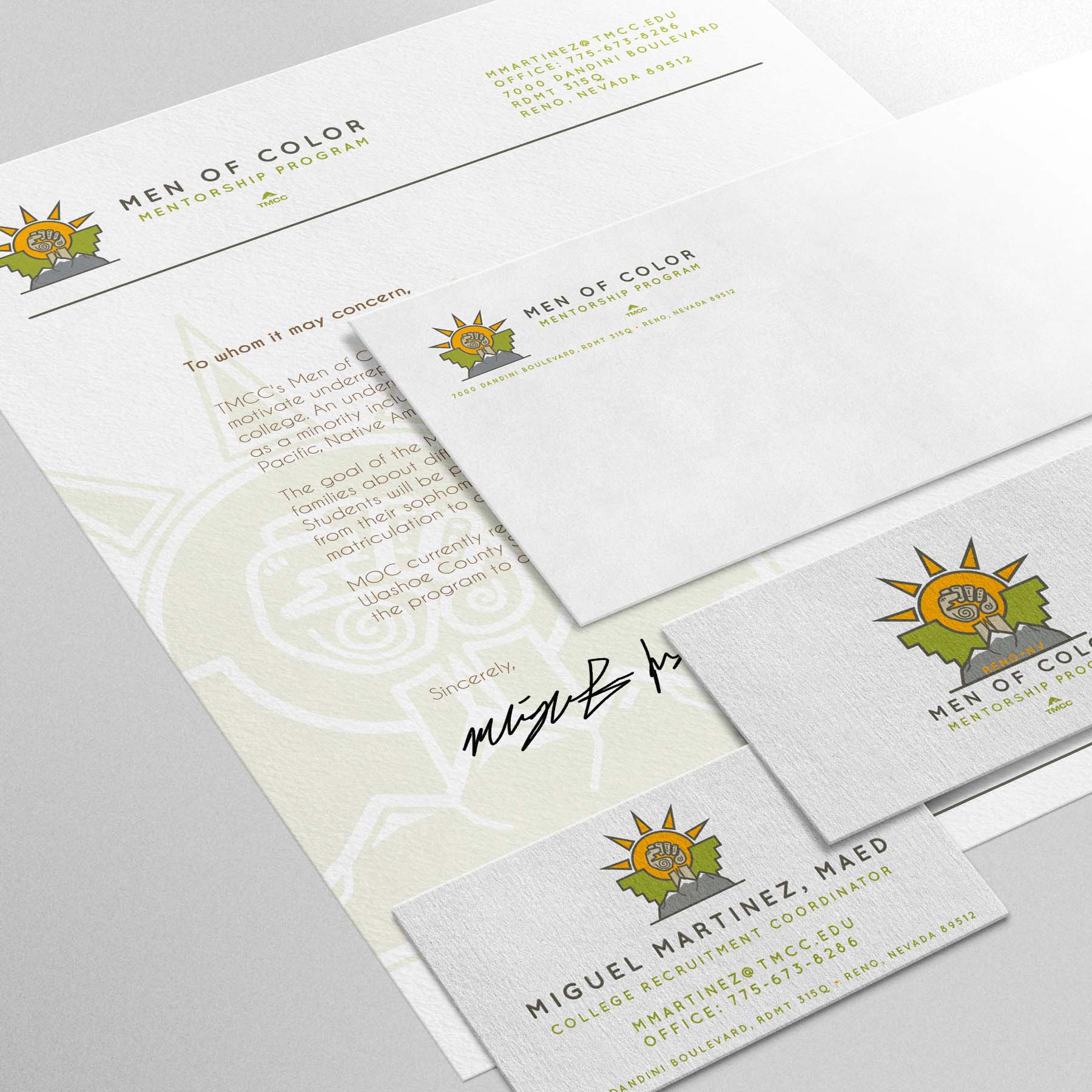  Identity design for Men of Color Mentorship Program. Tasked with creating a modern and clean design aimed to motivate underrepresented high school sophomores to attend college, while incorporating a fist concept and cultural elements that tied into 