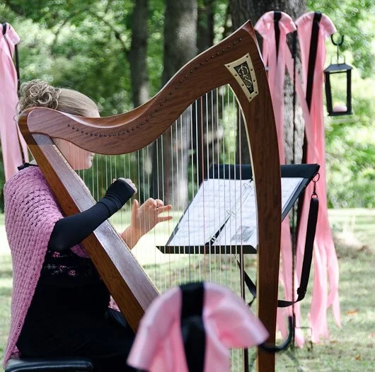 Stephanie playing the harp for Jada and Colby's outdoor wedding ceremony.