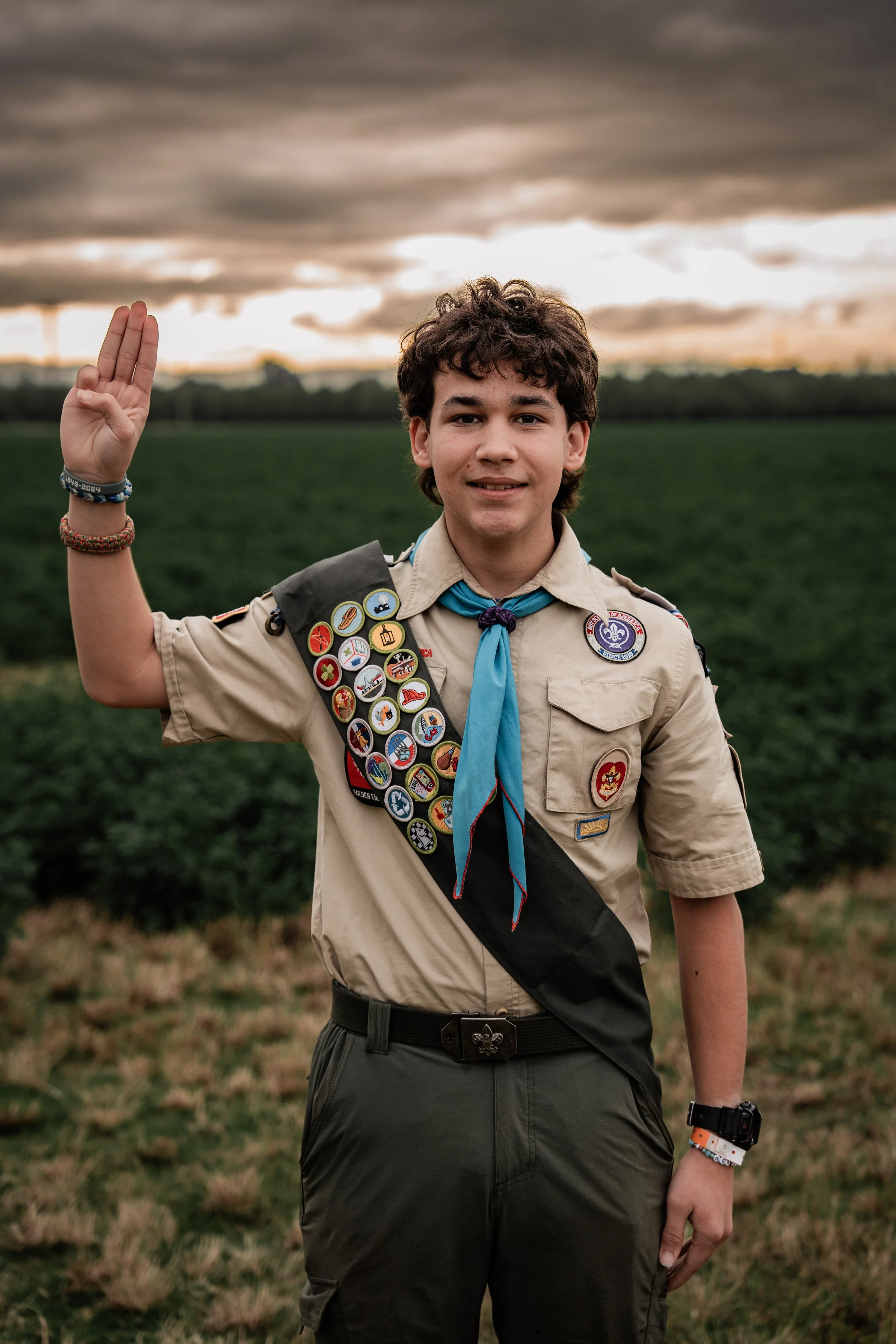 High school senior posing in his Boy Scout uniform. Photo taken in Crows Landing, CA by Mikaela Tosta Photography