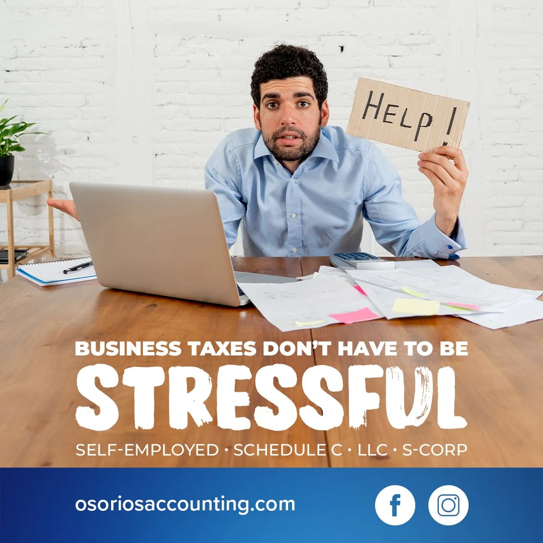 Self-employed, 1099, or business owner?

Your taxes are different, and starting early makes a big difference.

We help:
&bull; Schedule C filers
&bull; LLCs
&bull; S-Corporations

With secure document upload, clear guidance, and support beyond just f