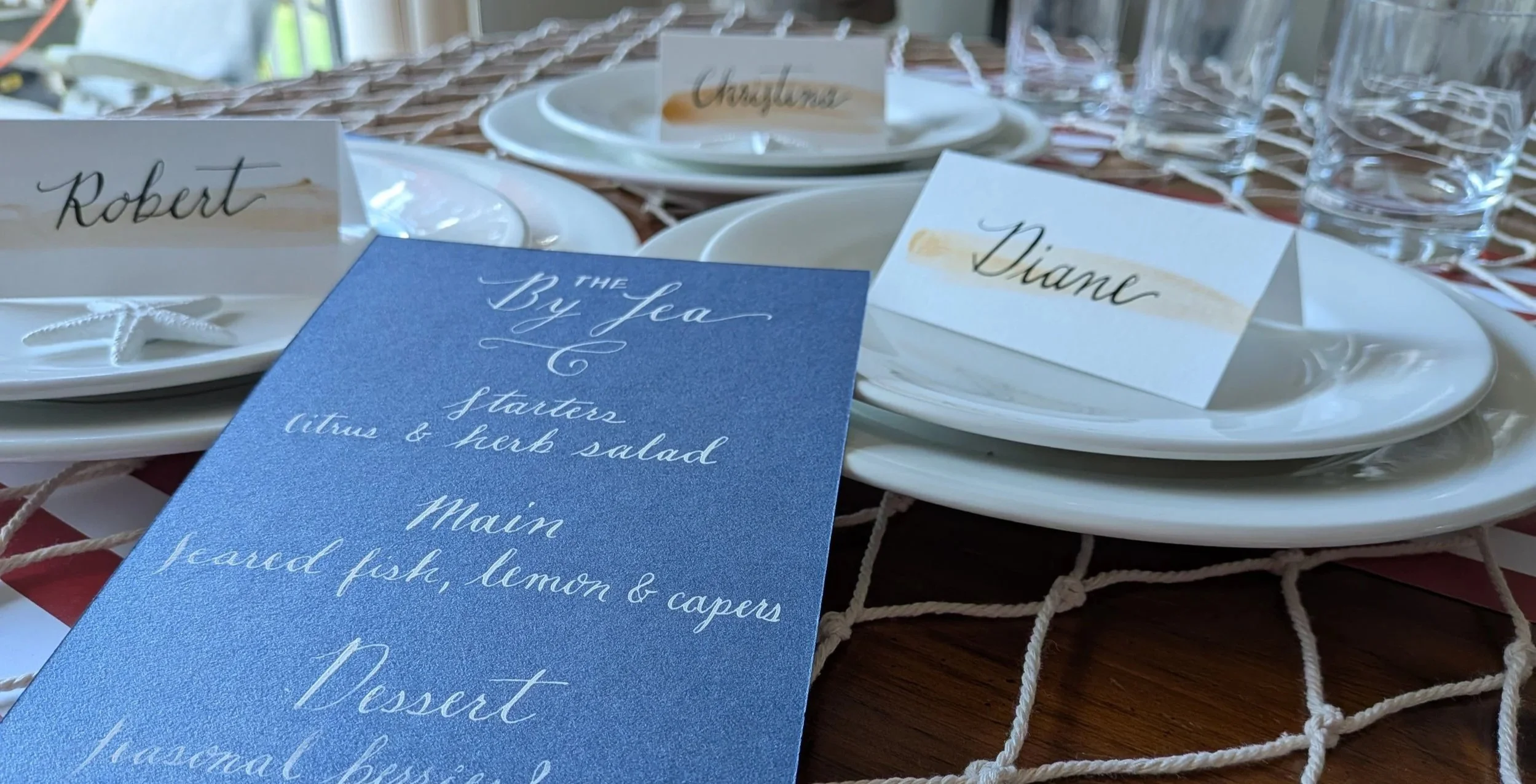 calligraphy menu and handwritten place cards styled for Rhode Island wedding table setting