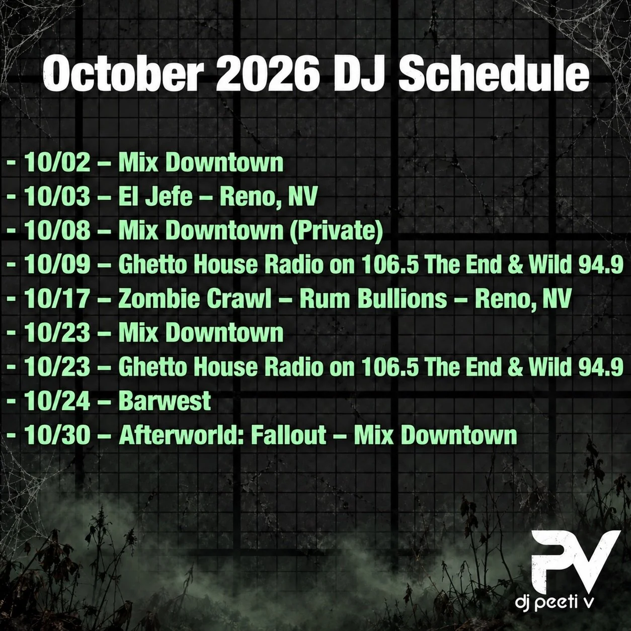 October dates are LIVE&hellip; spooky season starts here! 🎃🔊

From Sacramento to Reno, we&rsquo;re bringing the beats all month! Catch me in the club, at Zombie Crawl, and on the airwaves. 👻

📍 10/02 &ndash; Mix Downtown
📍 10/03 &ndash; El Jefe 