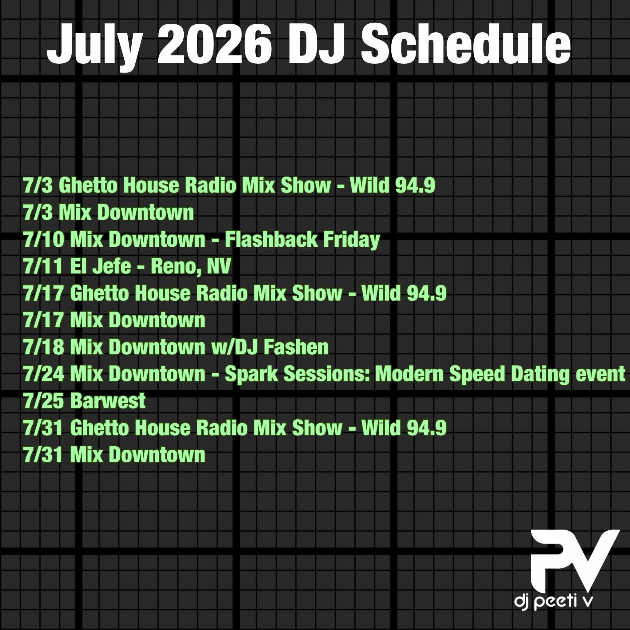 July&rsquo;s DJ schedule is stacked. 🔥

Catch me all month long in the mix across NorCal + Reno. From the Ghetto House Radio mixshow on Wild 94.9 to Mix Downtown, El Jefe in Reno, and Barwest &mdash; we&rsquo;re keeping the summer moving. 🕺🏽🎶

Pu
