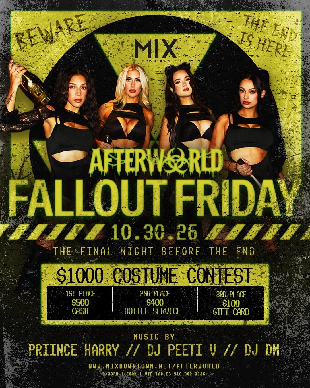 ☢️ THE END IS NEAR...and presales are almost gone ☢️

FRIDAY OCT 30 &mdash; AFTERWORLD: The Fallout takes over the @mixdowntown rooftop. I&rsquo;m on the decks 10:30pm&ndash;midnight, with Priince Harry setting it off 9&ndash;10:30pm and DJ DM closin