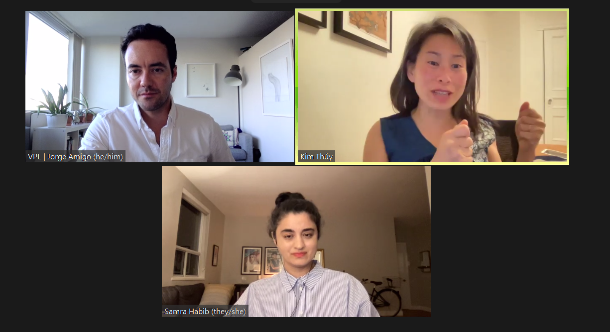 Samia Habib and Kim Th&uacute;y sharing their experiences in the virtual Zoom event on Thursday, June 18.