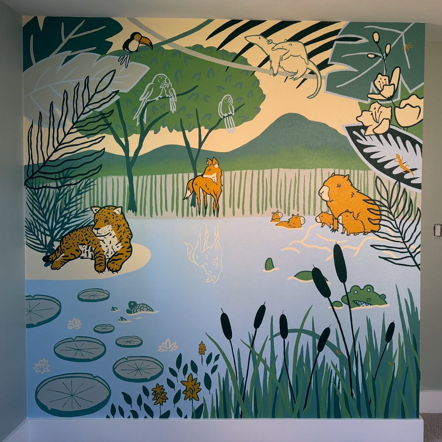 🌿✨Pantanal Creatures 🐆🐊 They wanted a scenery from the pantanal (since Andr&eacute; is from Brazil), featuring a bunch of fun animals for their nursery. 💚

Thank you, @juliette_weiss &amp; @andreterron for letting me paint your wall! It was such 