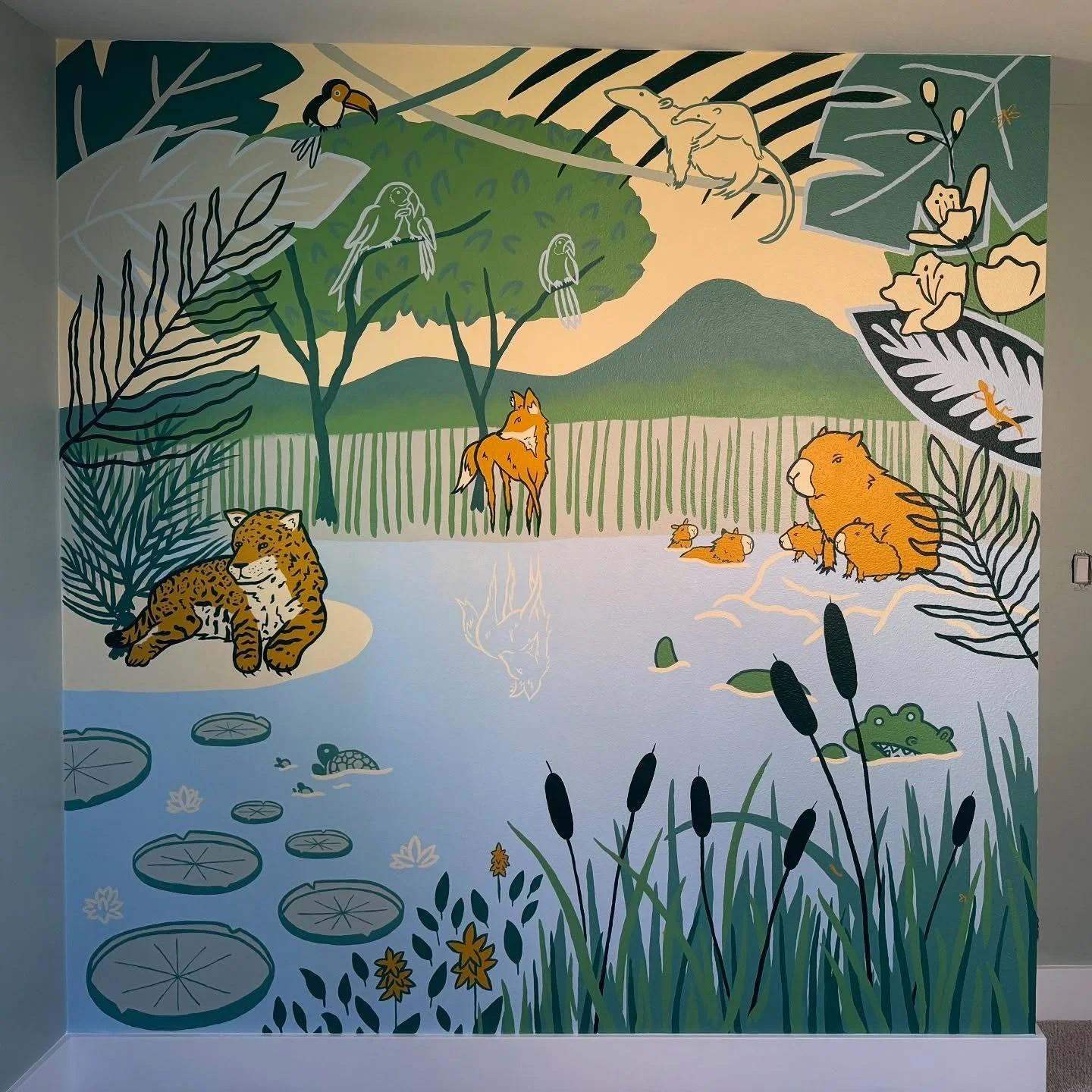 🌿✨Pantanal Creatures 🐆🐊 They wanted a scenery from the pantanal (since Andr&eacute; is from Brazil), featuring a bunch of fun animals for their nursery. 💚

Thank you, @juliette_weiss &amp; @andreterron for letting me paint your wall! It was such 