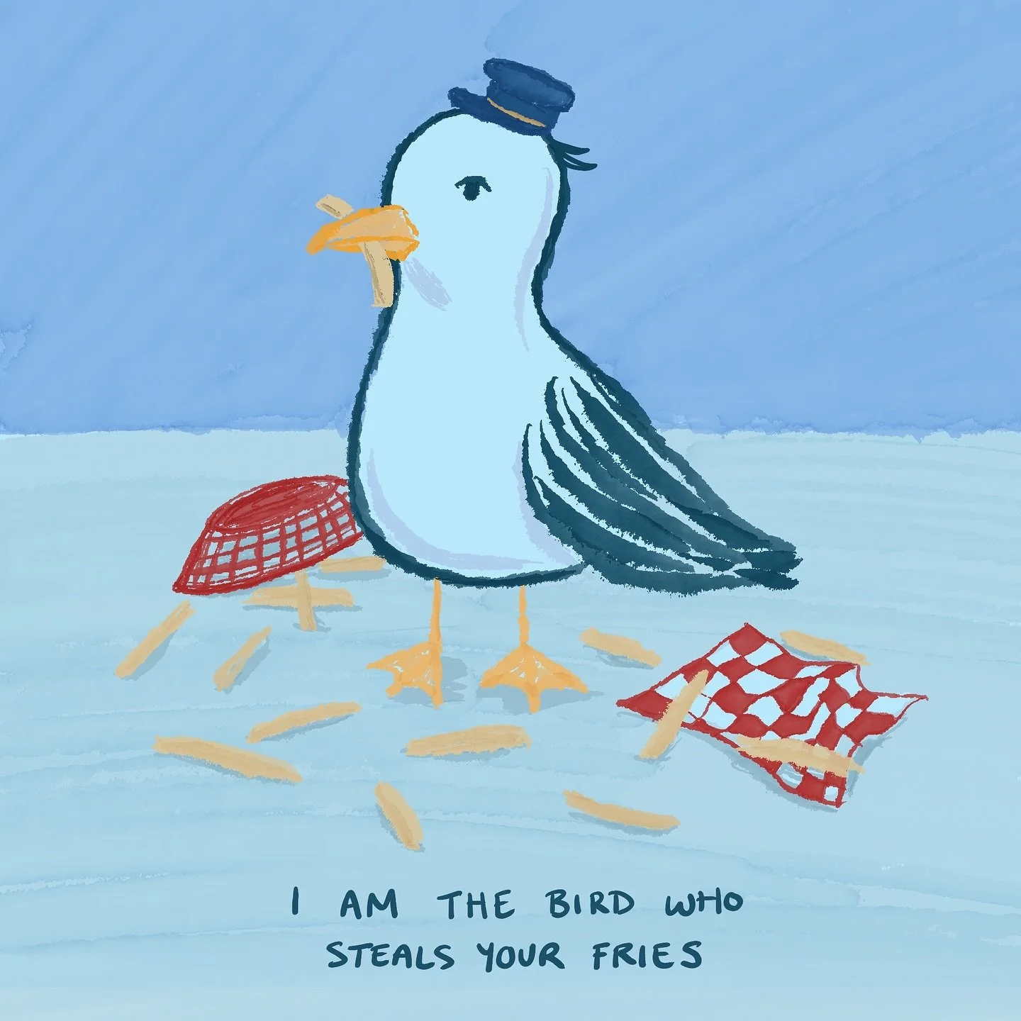 #peachtober25 DAY 11: SEAGULL (I&rsquo;ll get back to 8-10)
If I was a bird, I&rsquo;d likely be a seagull or pigeon. Because fries. 
.
#feltcutemightdeletelater #peachtober25seagull #betterlatethannever