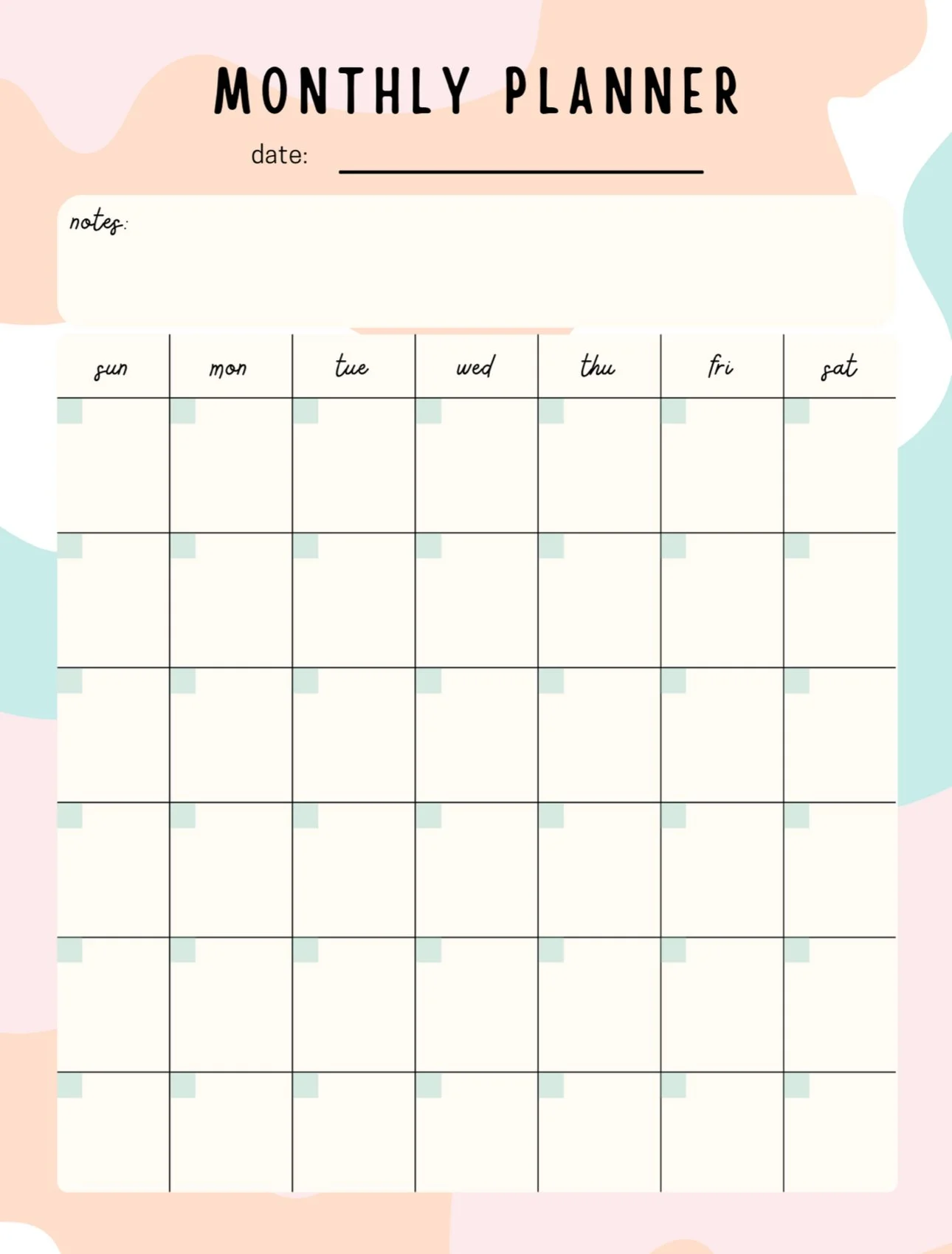 A colorful monthly planner with a blank space for the date and notes, and a grid layout for a calendar with days of the week from Sunday to Saturday.