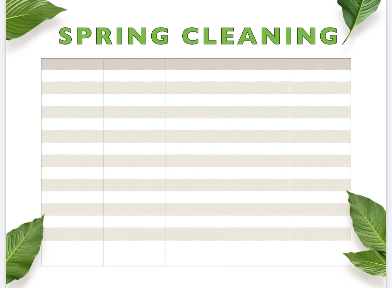 Spring cleaning checklist on a white background with green leaves in each corner and bold green title.