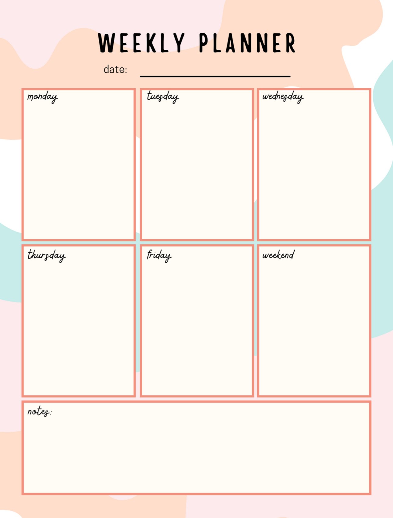 A weekly planner template with sections for each day from Monday to the weekend, a notes section, and a space for the date at the top. The design features pastel colors and a simple layout.
