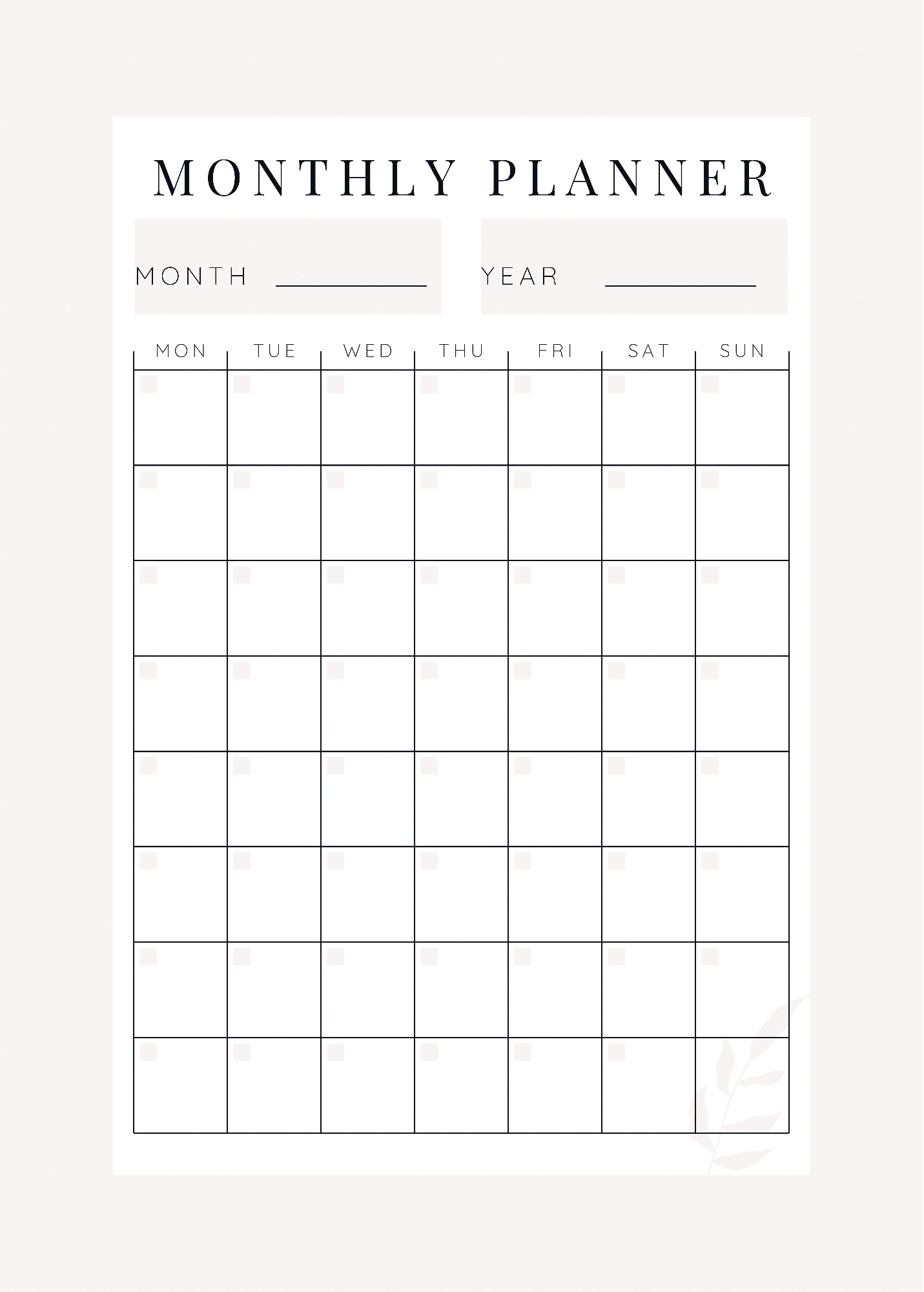 Month On One Page Planner
