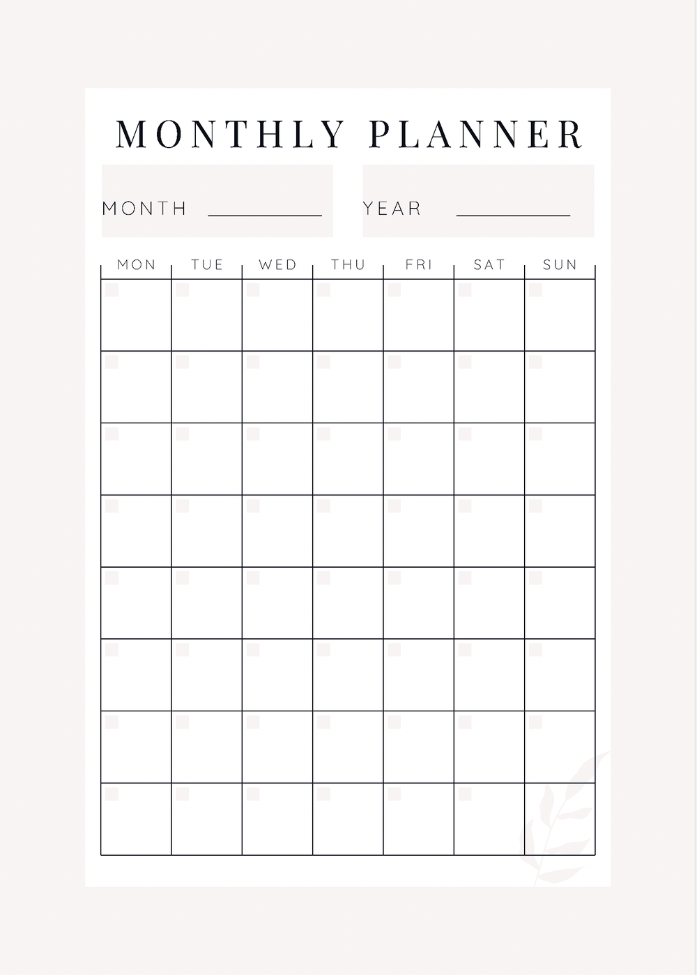 Month On One Page Planner